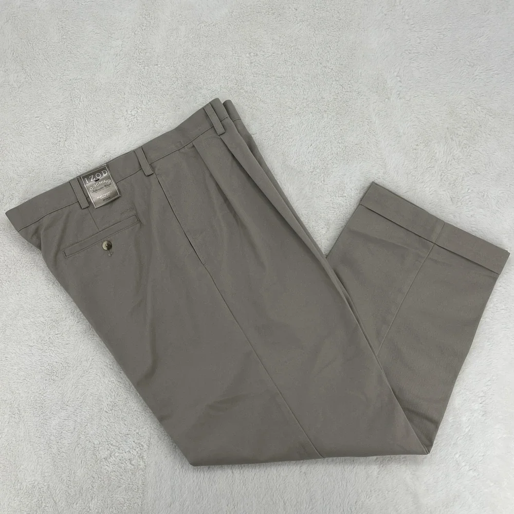 IZOD Slacks Saltwater Double Pleat Cuffed Cotton Chino Pants 38x30 Beige Khakis